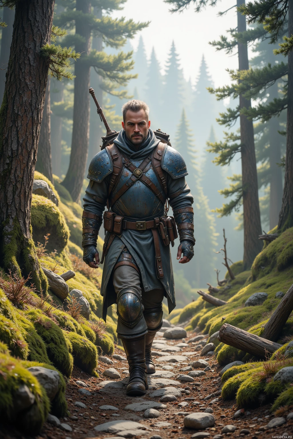 A warrior in armor walks through a forested path.