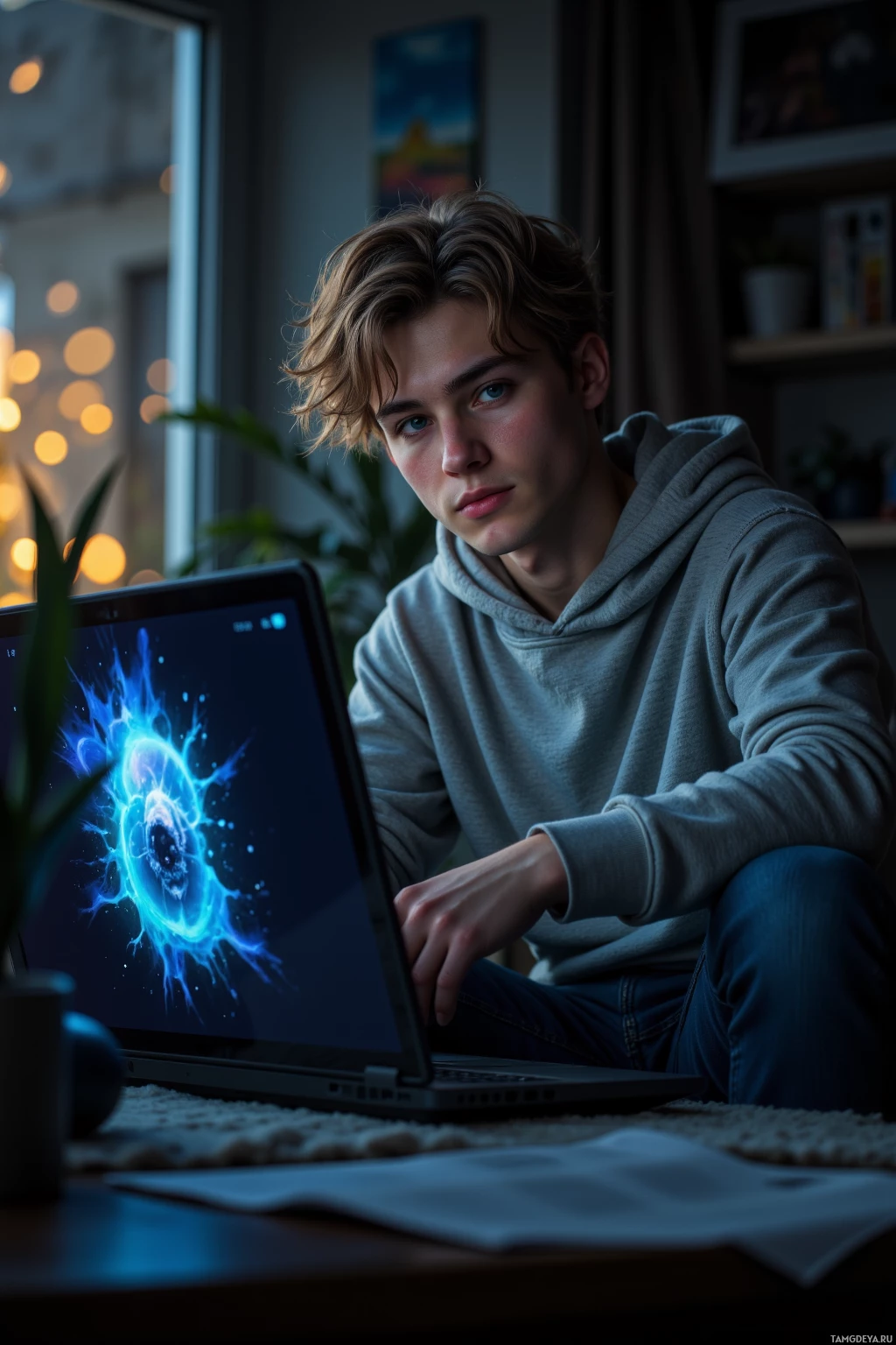 A young person sits at a desk with a laptop displaying a blue abstract image, in a cozy indoor setting.