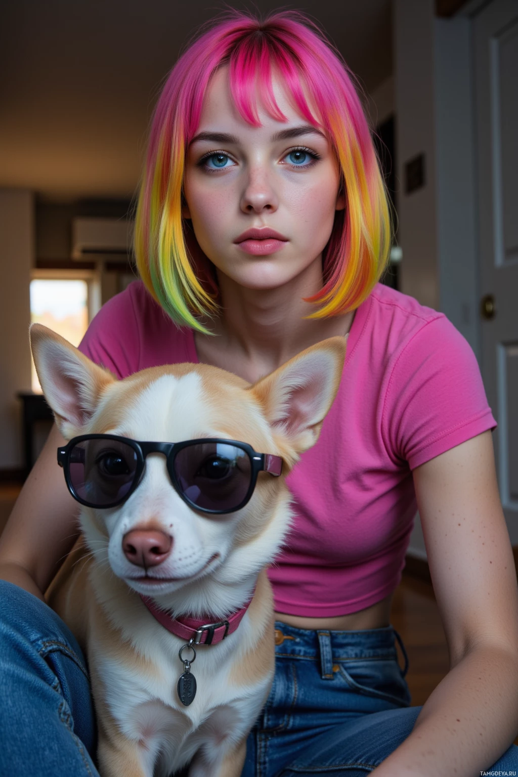 A person with pink and yellow hair sits with a small dog wearing sunglasses.