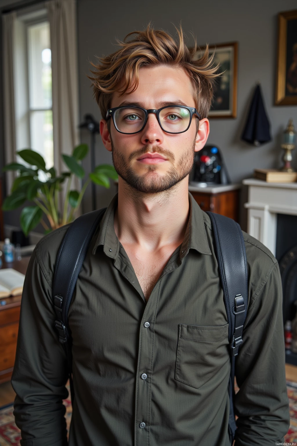A young man with glasses and a beard, wearing a green shirt and carrying a backpack, stands indoors.