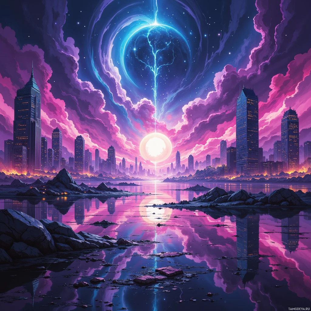 A futuristic cityscape with glowing skyscrapers reflected in a calm body of water under a vibrant, cosmic sky.