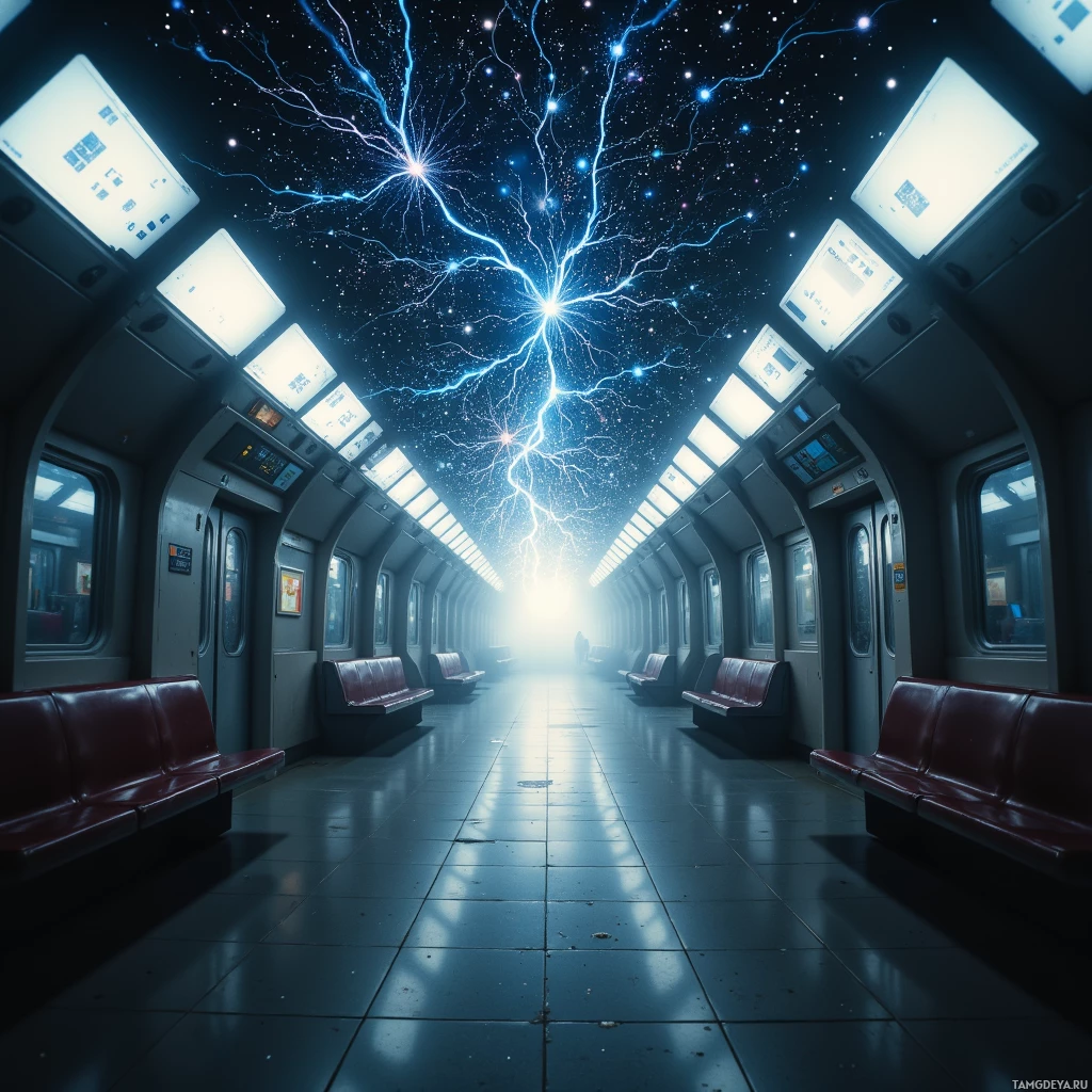 A futuristic subway car interior with glowing blue lightning bolts and a bright light at the end of the tunnel.