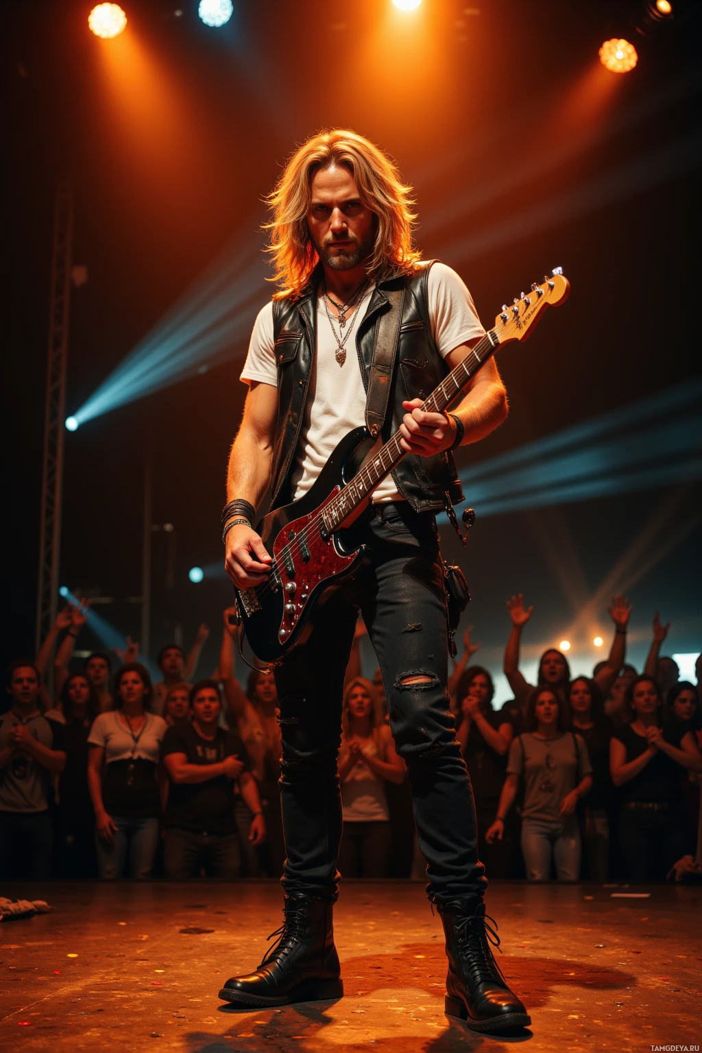 A musician performs on stage with a guitar, illuminated by stage lights, while an audience watches.