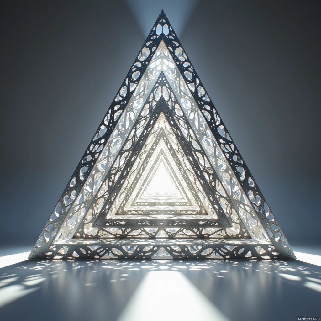 A geometric triangular structure with intricate cut-out patterns and light streaming through.