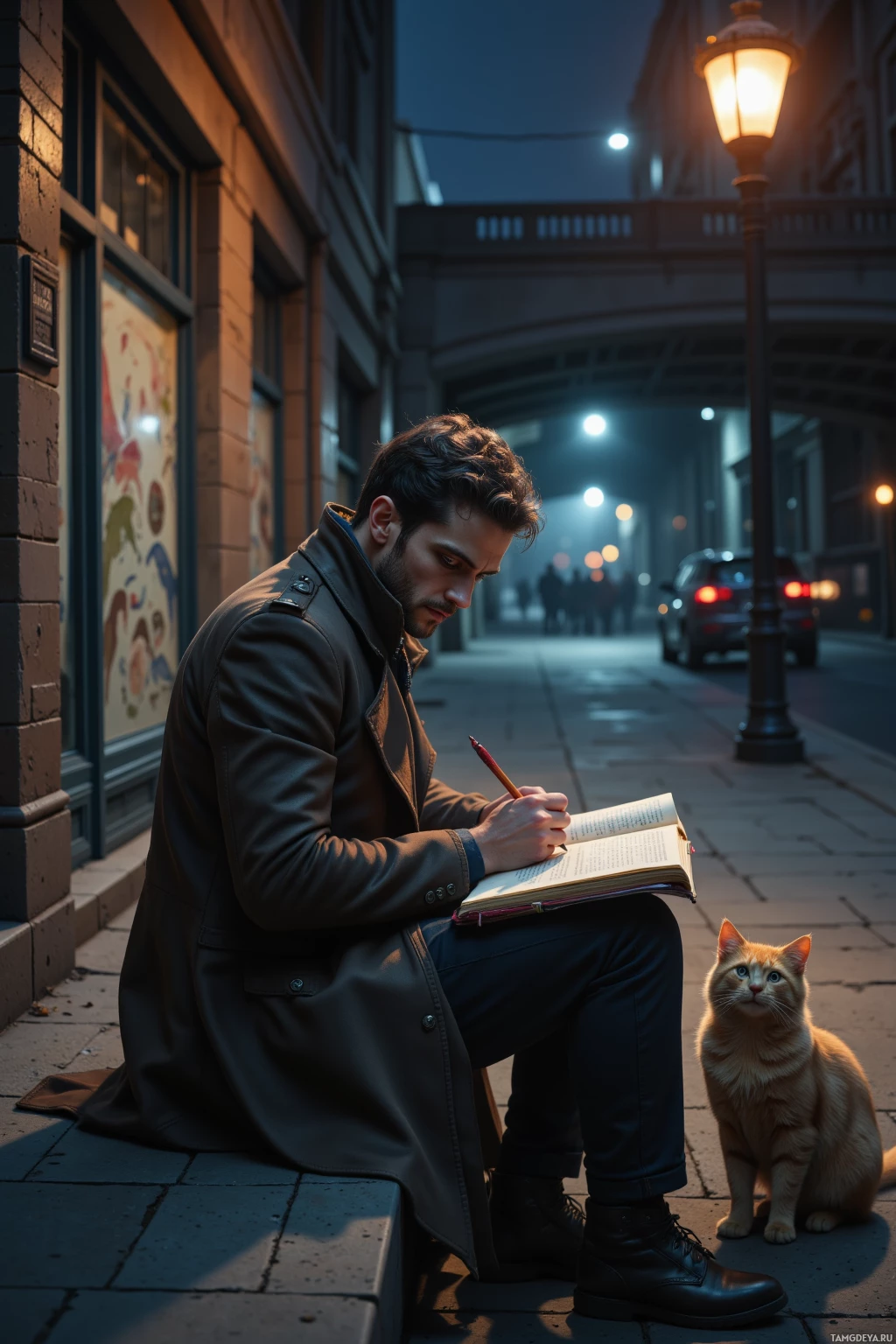 A man sits on a bench at night, writing in a notebook, with a cat sitting beside him.