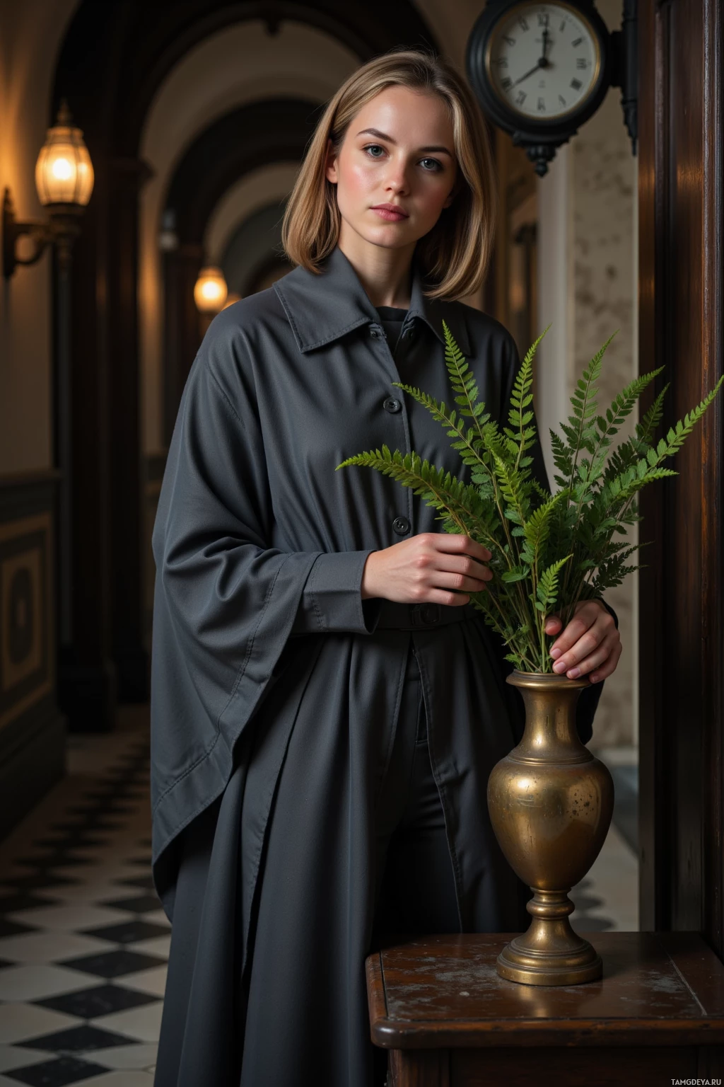 A person in a dark coat stands in a hallway holding a vase with greenery.