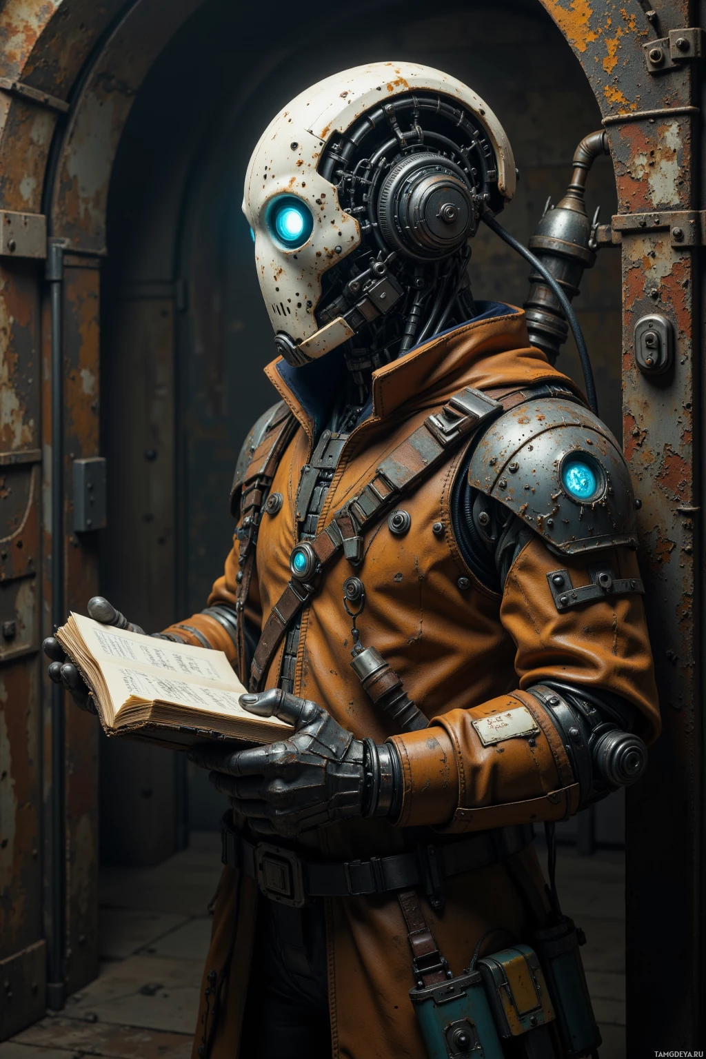 A cybernetic figure in a rusted, futuristic outfit holds an open book.