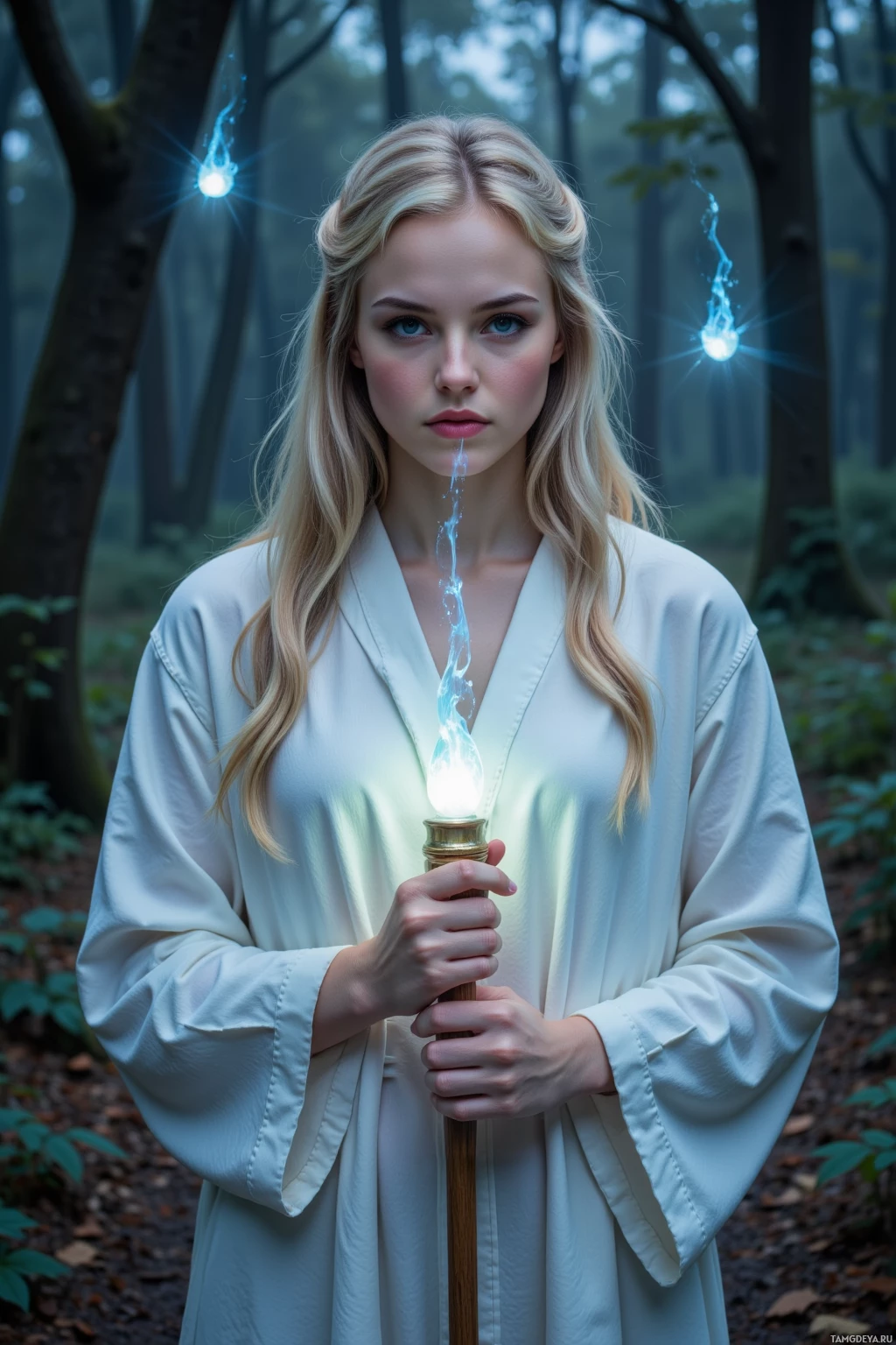 A person in a white robe stands in a forest, holding a glowing staff.
