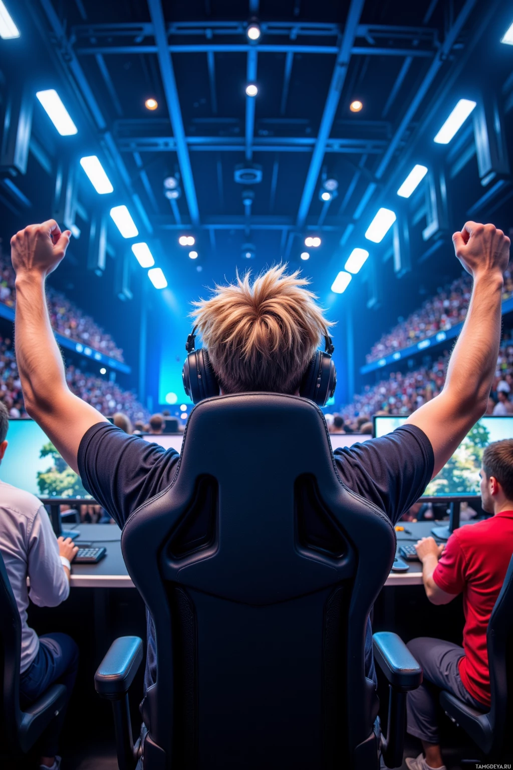 Человек, с поднятыми руками, сидит в игровом кресле на большой площадке, где собралась толпа людей и установлены экраны.