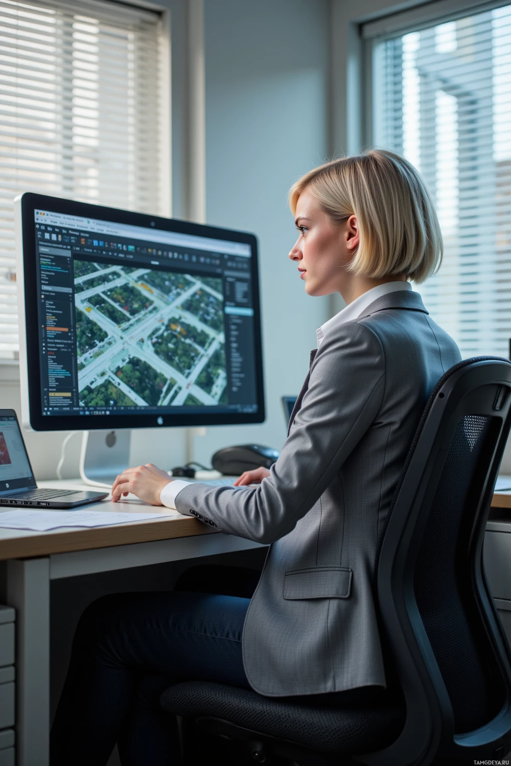 A woman in a suit is working at a desk with a computer displaying a map and code.