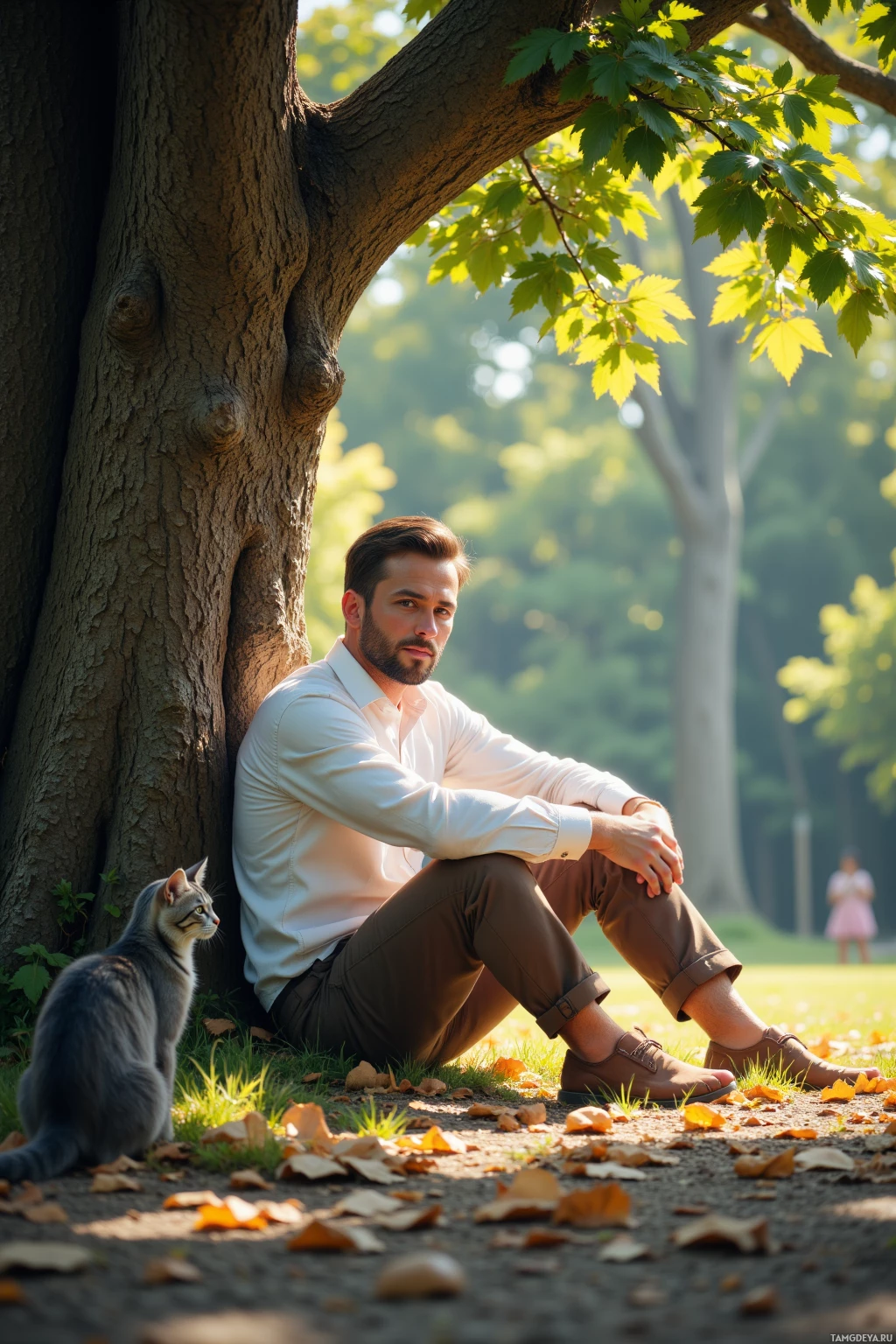 A man sits under a tree with a cat beside him in a park.