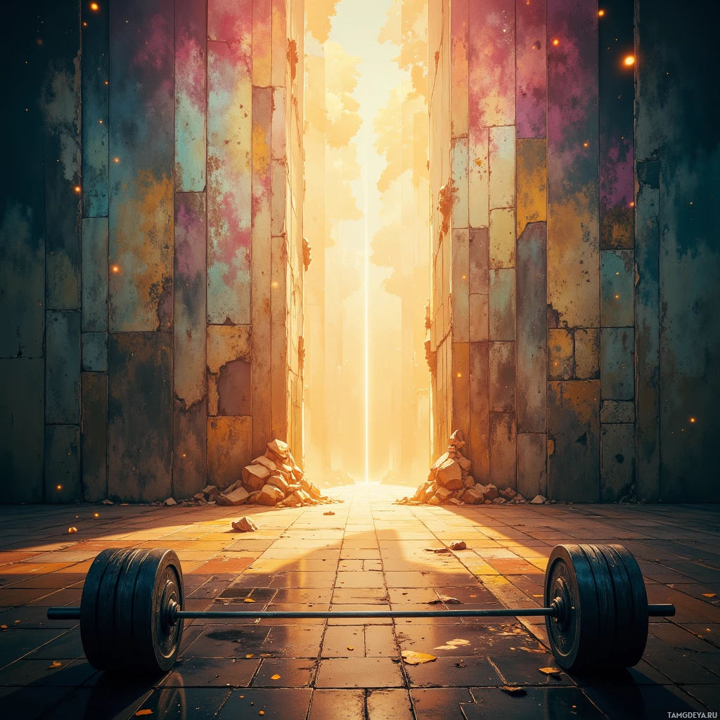 A weightlifting barbell lies on the ground in front of a bright, sunlit doorway framed by tall, weathered stone pillars.