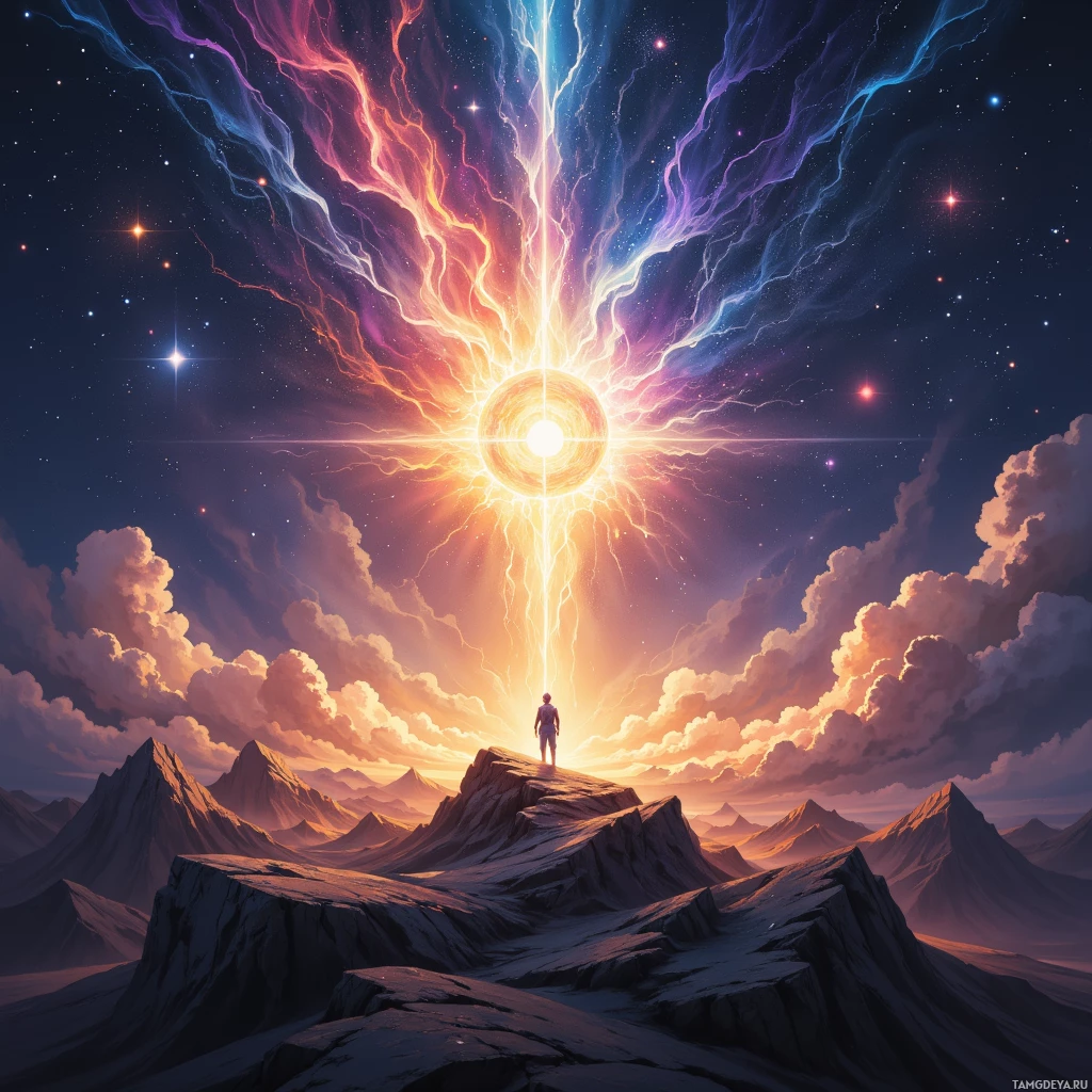 A lone figure stands atop a mountain peak, gazing at a radiant, cosmic light source in the sky.