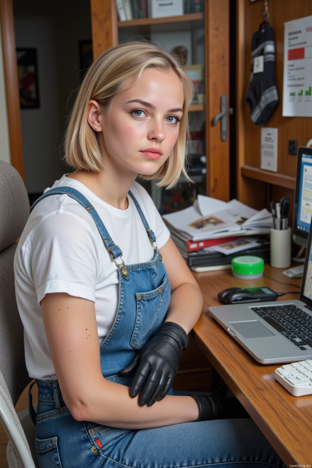 A young person wearing a white t-shirt and denim overalls sits at a desk with a laptop, surrounded by books and papers.