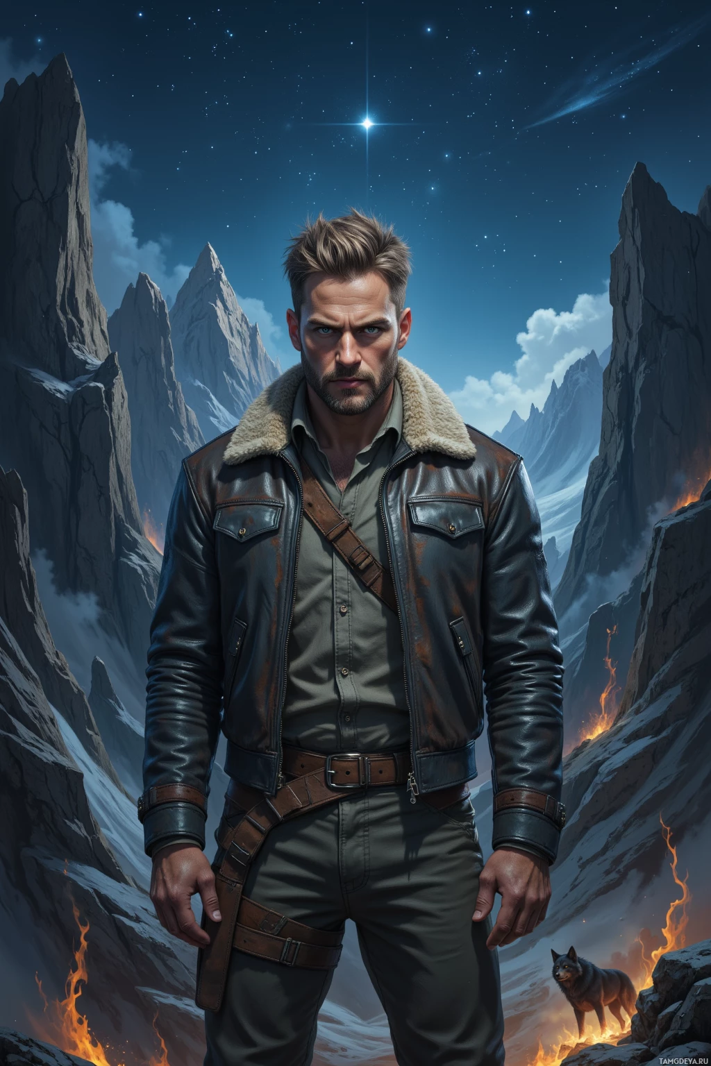 A rugged man in a leather jacket stands against a backdrop of snowy mountains and a starry sky.