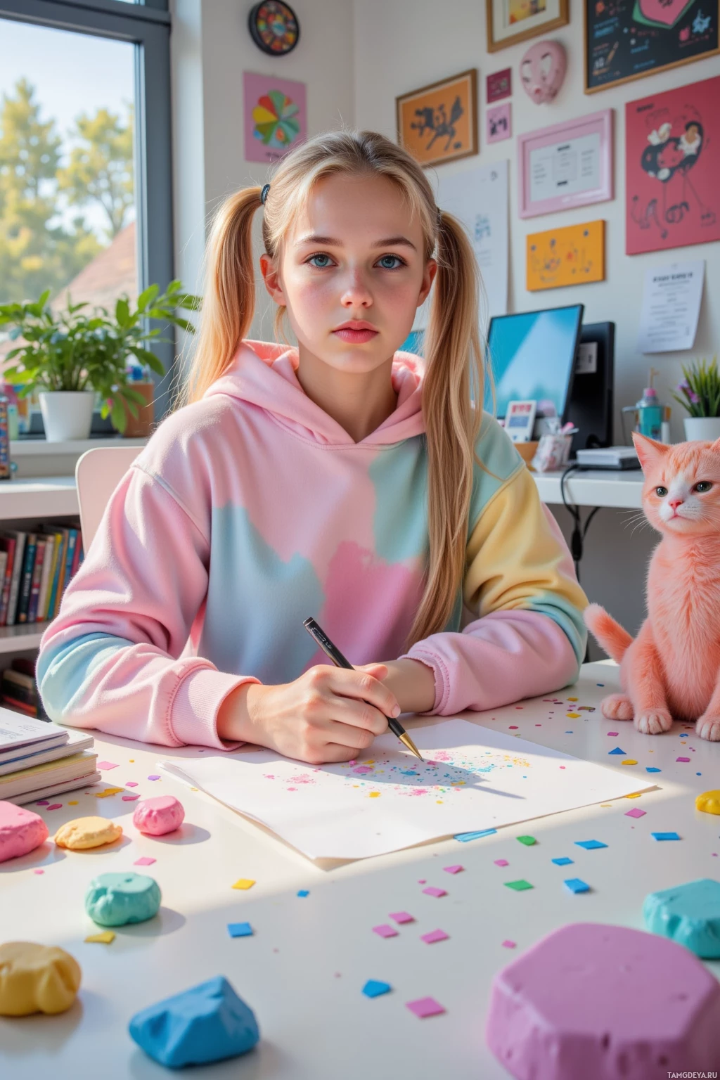 A girl in a pastel hoodie sits at a desk with colorful play dough and a cat nearby.