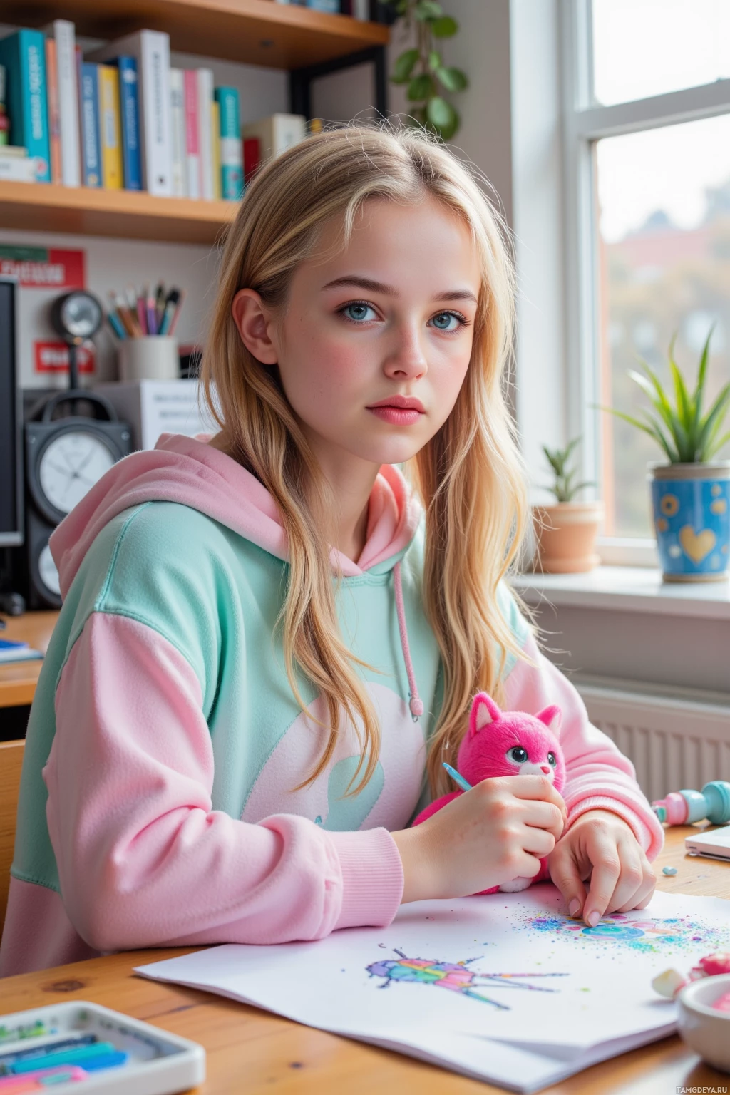 A young girl in a pastel hoodie is coloring a picture at a desk.