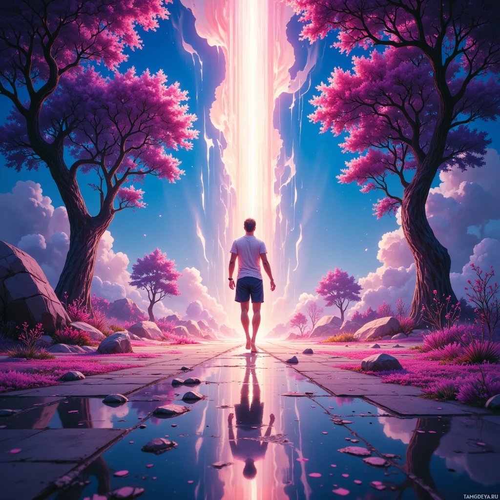 A person walks barefoot on a reflective path towards a radiant light source in a surreal landscape with pink trees and vibrant colors.