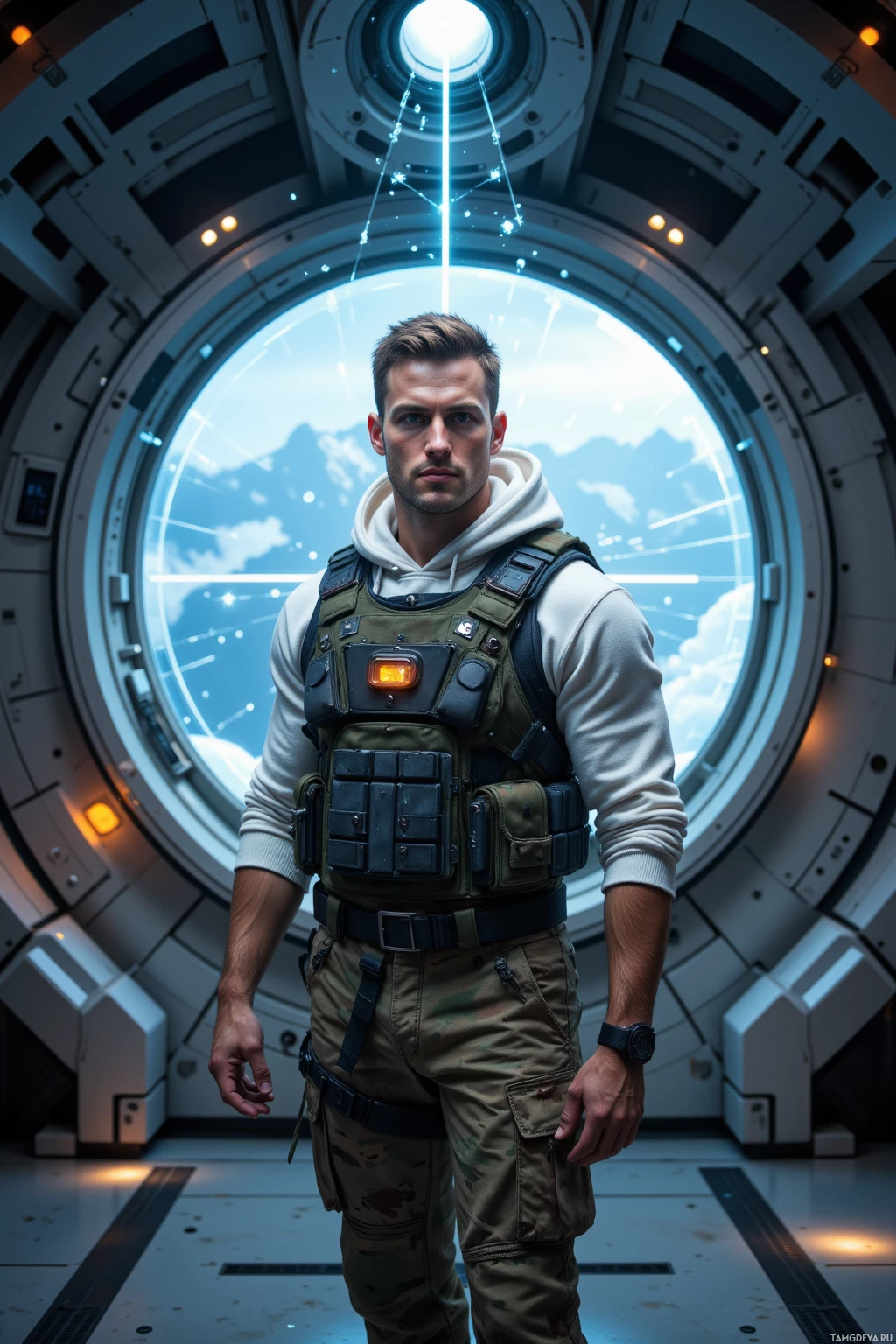 A person in a futuristic space suit stands in a high-tech environment with a circular window in the background.