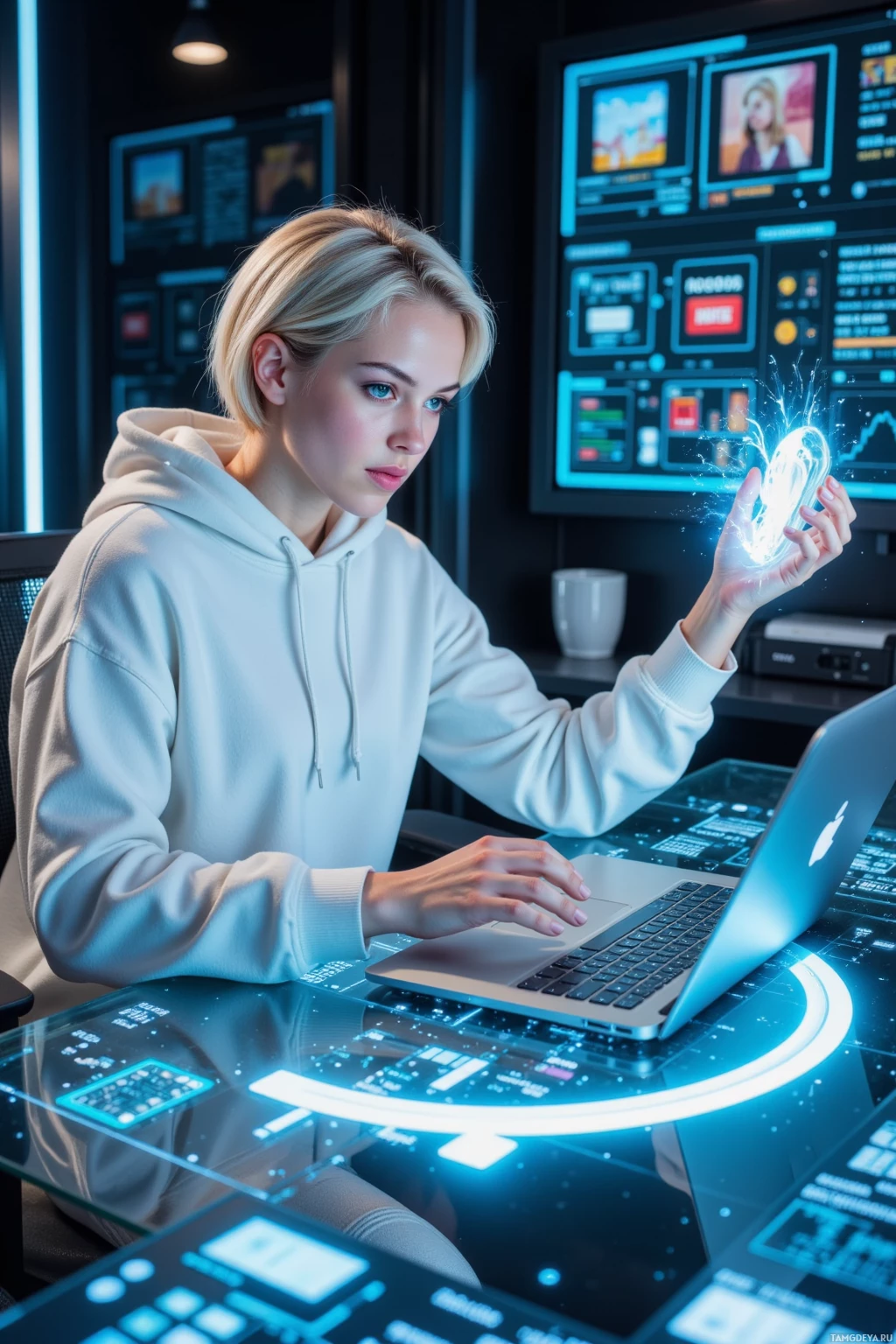 A person in a hoodie interacts with a futuristic interface on a desk.