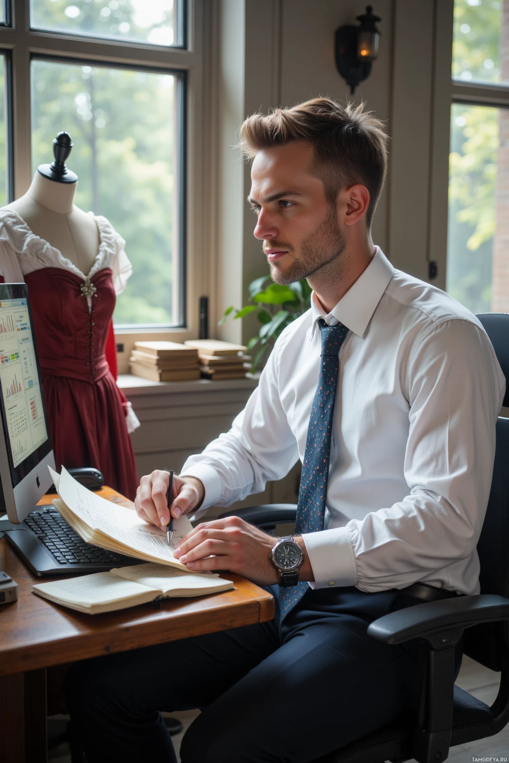 A man in a white shirt and tie is sitting at a desk, writing in a notebook.