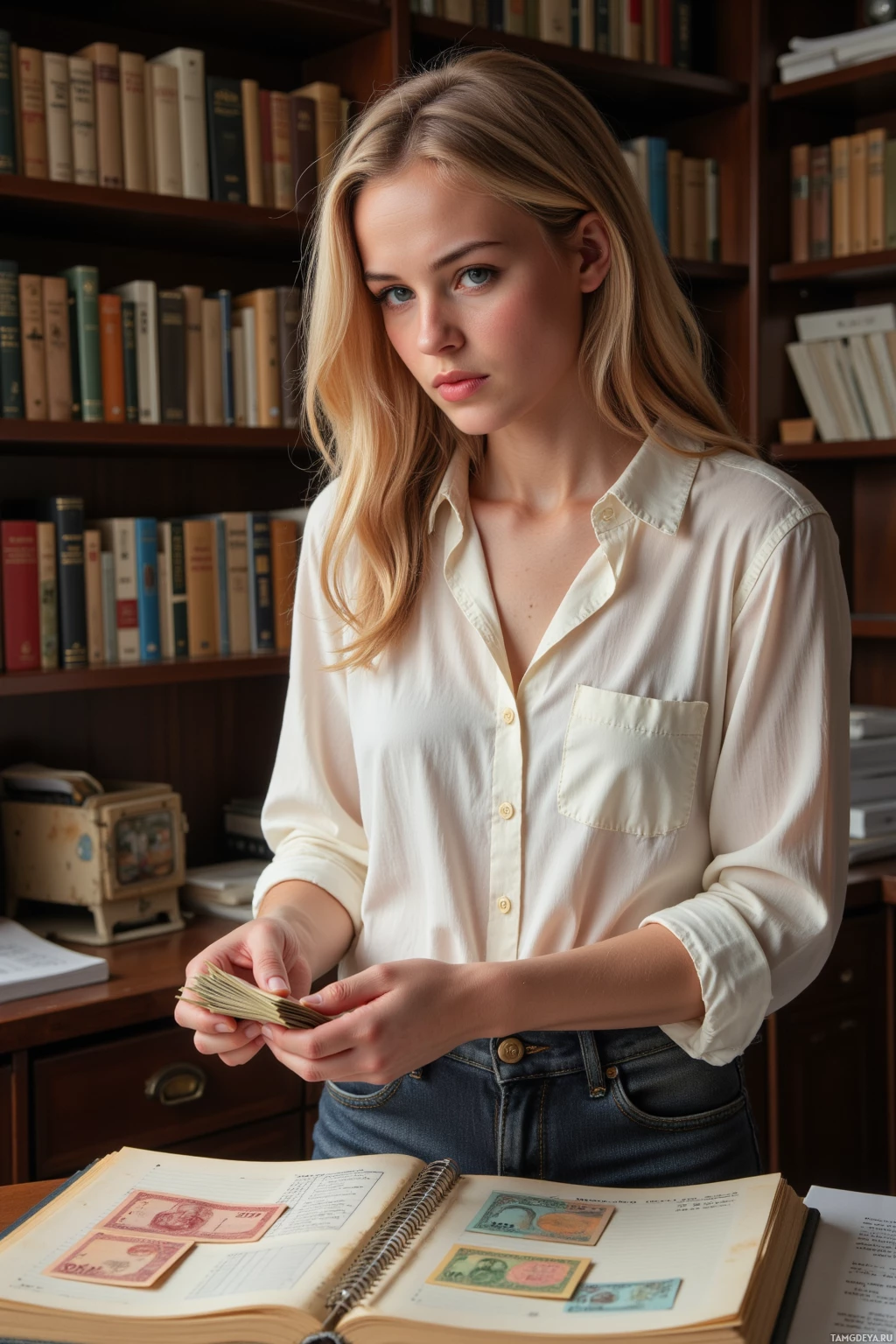 A person in a library setting is examining currency notes in an open book.