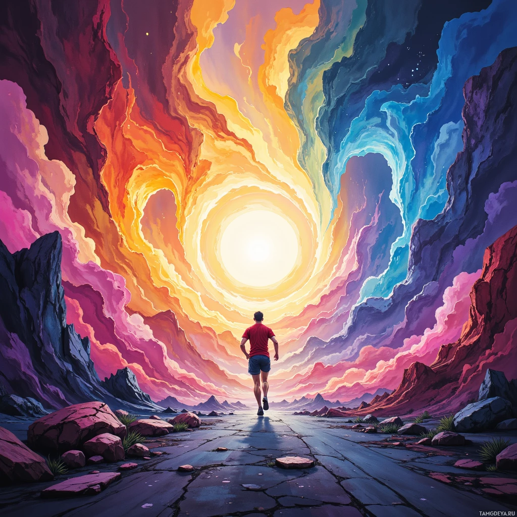 A person in a red shirt runs towards a bright, colorful tunnel in a surreal landscape.