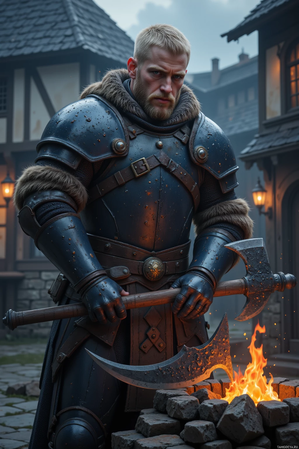 A knight in dark armor stands in a medieval setting, holding a large axe.