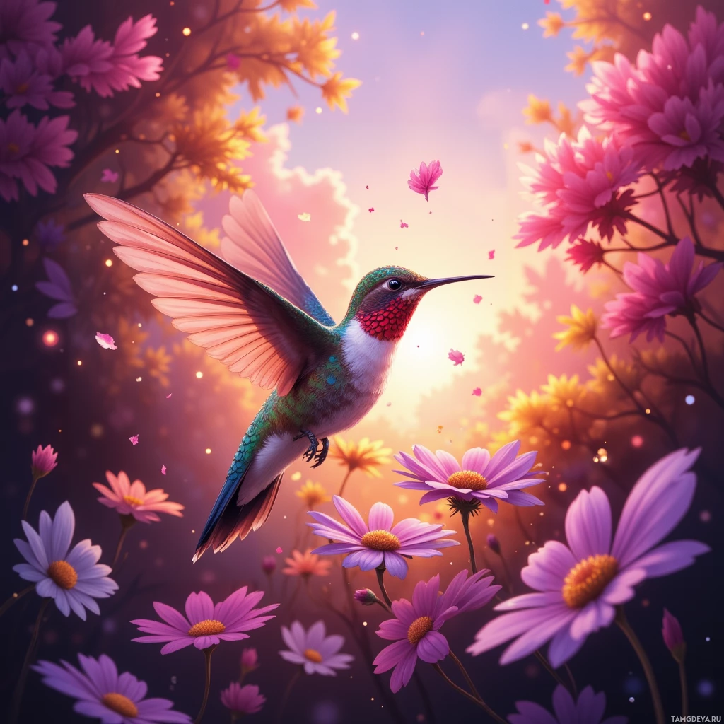 A hummingbird soars amidst vibrant pink and purple flowers against a glowing, dreamy sky.