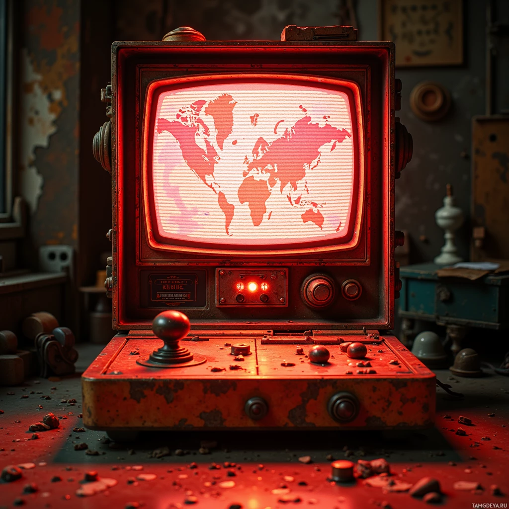 An old, rusted television set displays a map of the world on its screen.