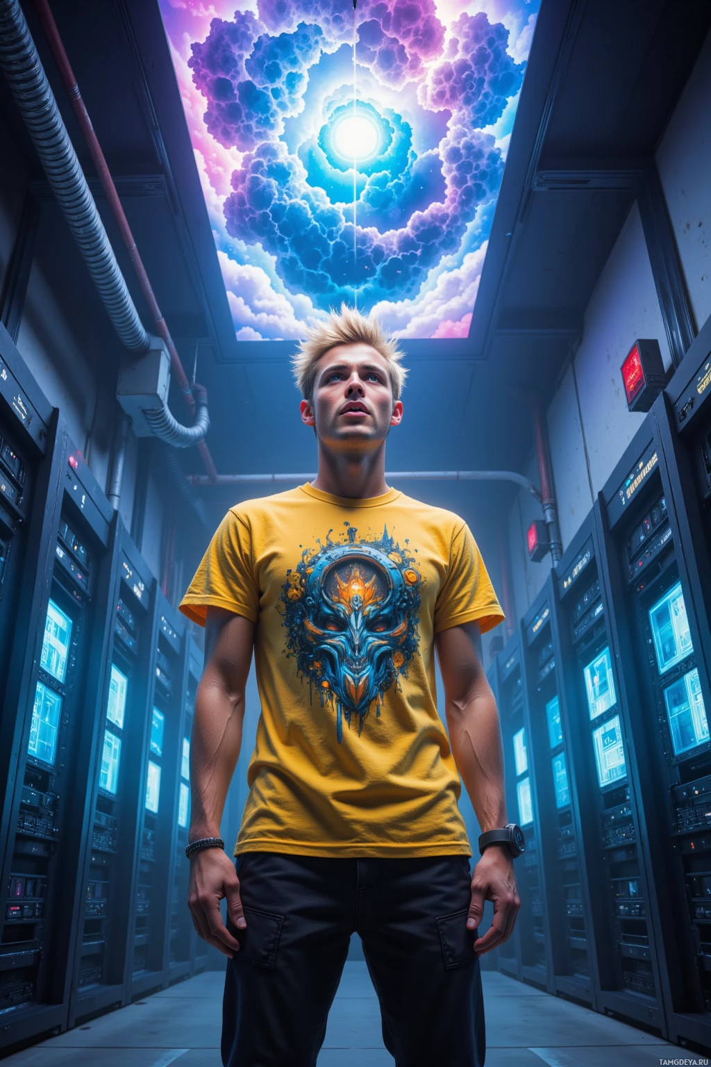 A person stands in a server room with a vibrant, cosmic ceiling.