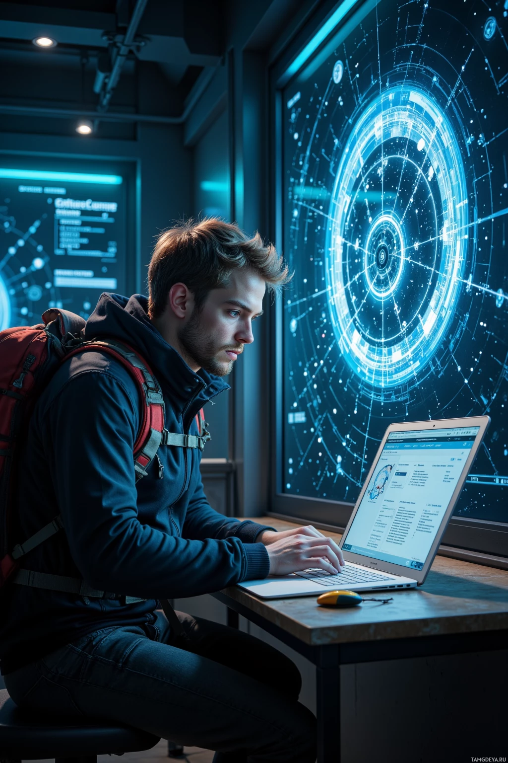 A person wearing a backpack works on a laptop in a futuristic setting with glowing screens.