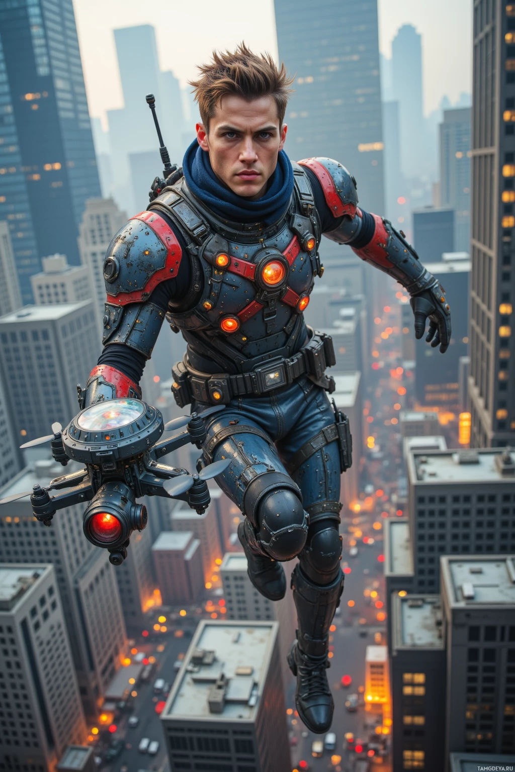 A futuristic character in a high-tech suit is flying over a cityscape at dusk.