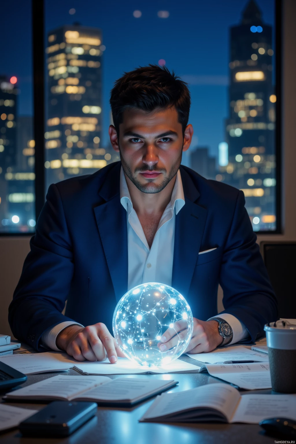 A man in a suit sits at a desk with a glowing, networked sphere in front of him, surrounded by books and a cityscape at night.