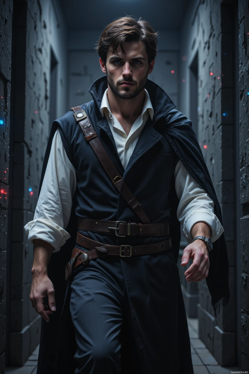 A man in a dark outfit with a white shirt and a long coat stands in a dimly lit corridor.