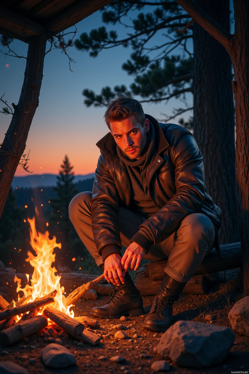 A man in a leather jacket sits by a campfire at dusk, surrounded by trees and rocks.