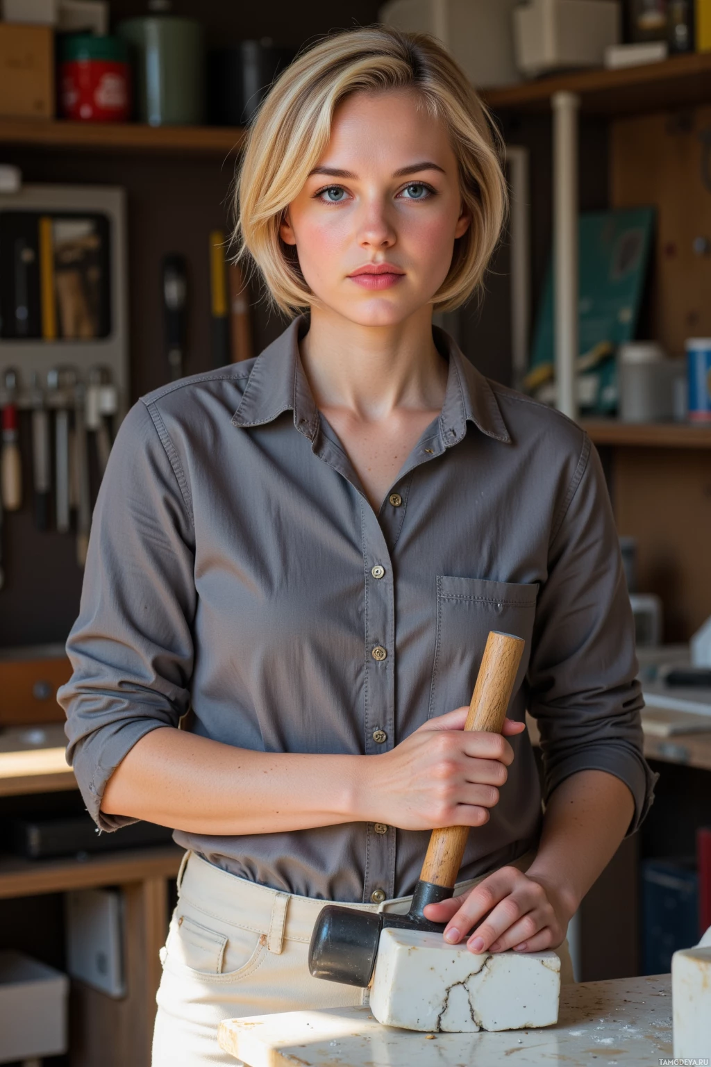 A person in a workshop setting holds a hammer, wearing a button-up shirt and jeans.