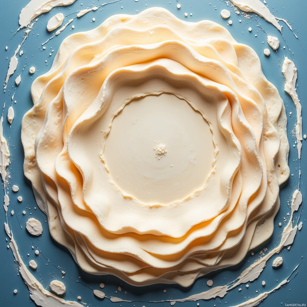 A close-up of a layered, creamy dessert with a smooth, swirled texture.