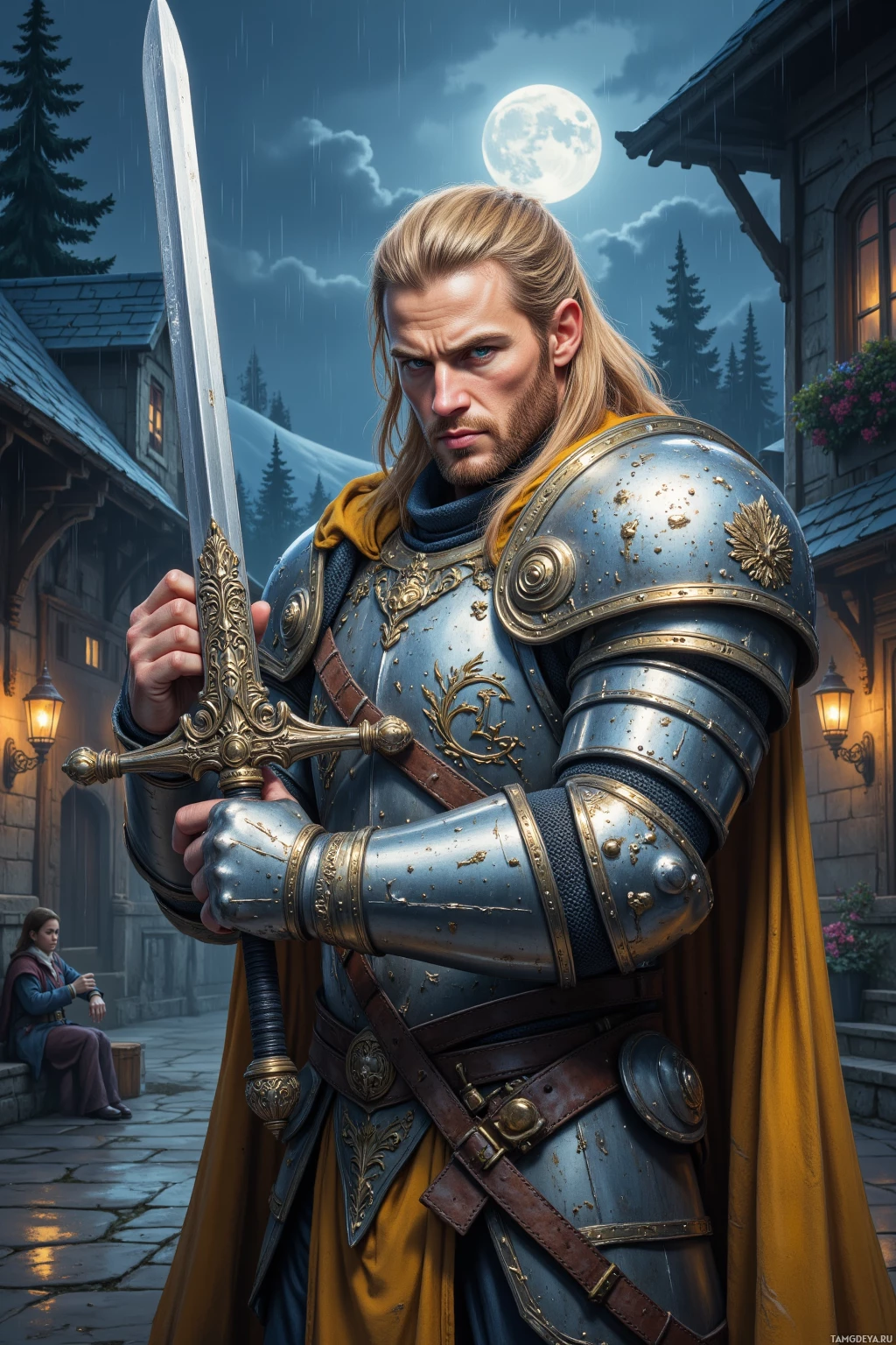 A knight in blue armor holds a sword, standing in a rainy courtyard with a full moon in the background.