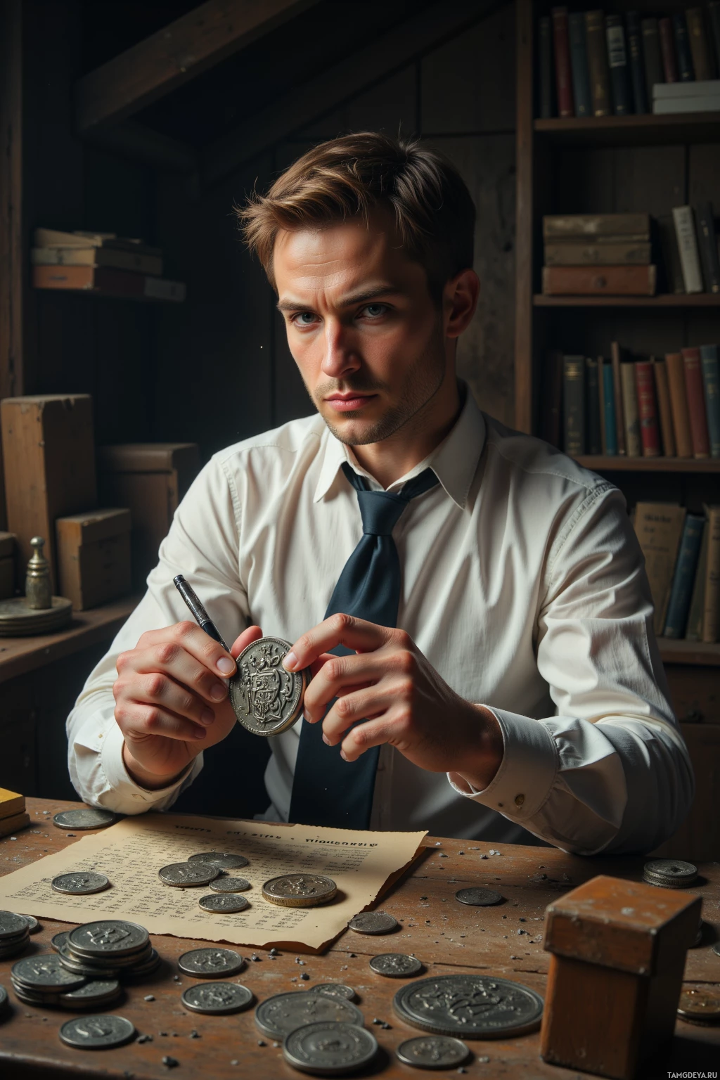 A man in a white shirt and tie examines a coin at a desk cluttered with coins and papers.