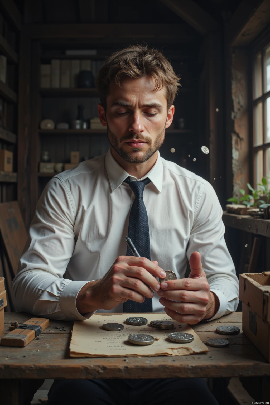 A man in a white shirt and tie examines coins on a wooden table in a rustic setting.