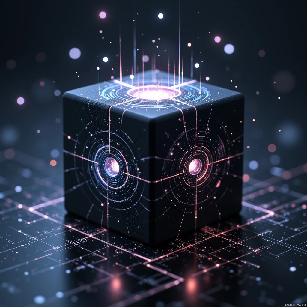 A futuristic cube with glowing lines and particles emanating from its center.