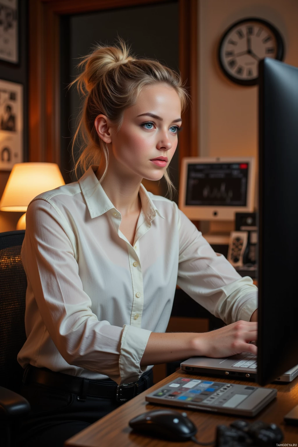 A woman in a white shirt works at a desk with a computer.