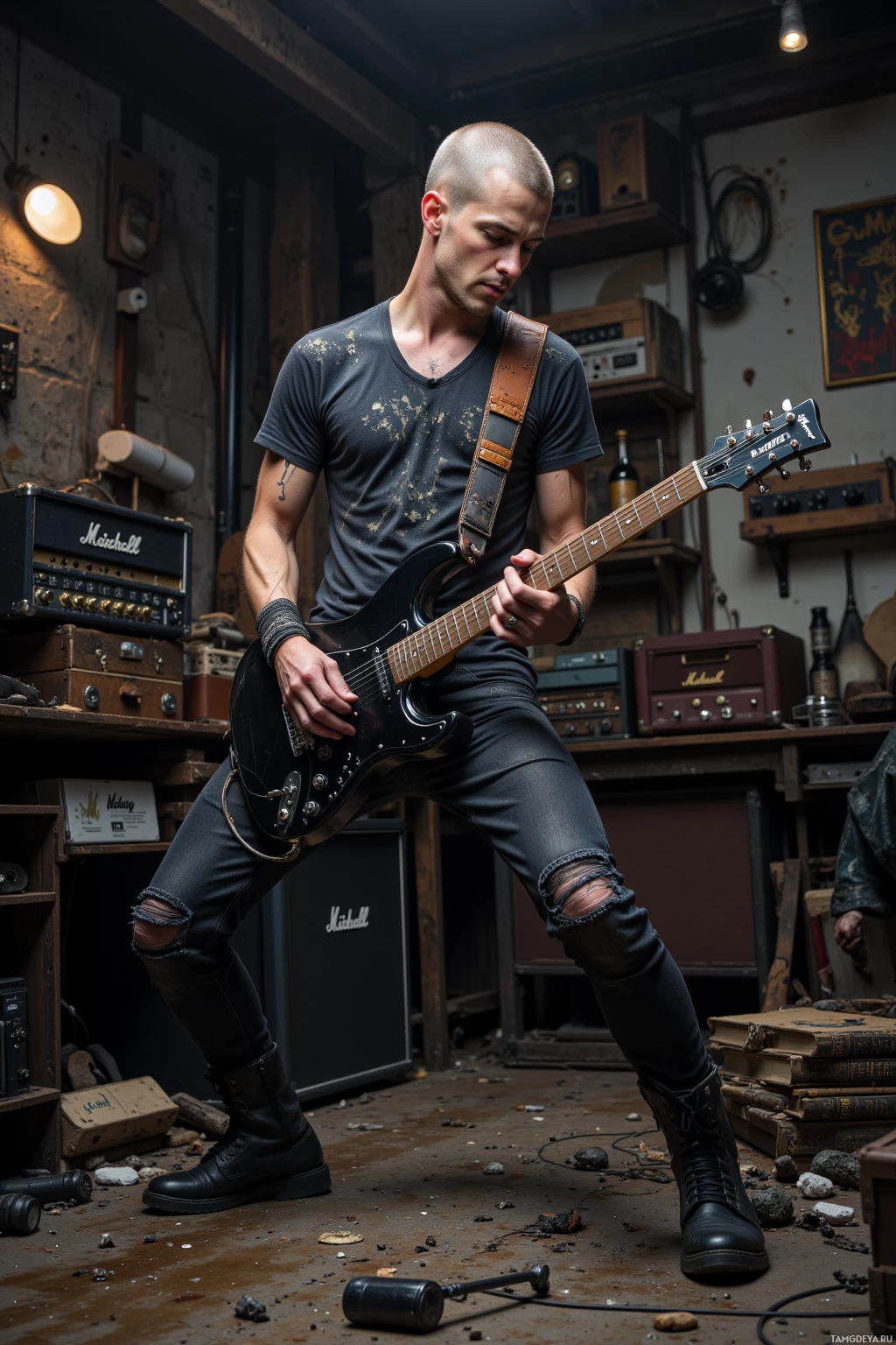 A musician plays an electric guitar in a rustic, cluttered room with vintage equipment.