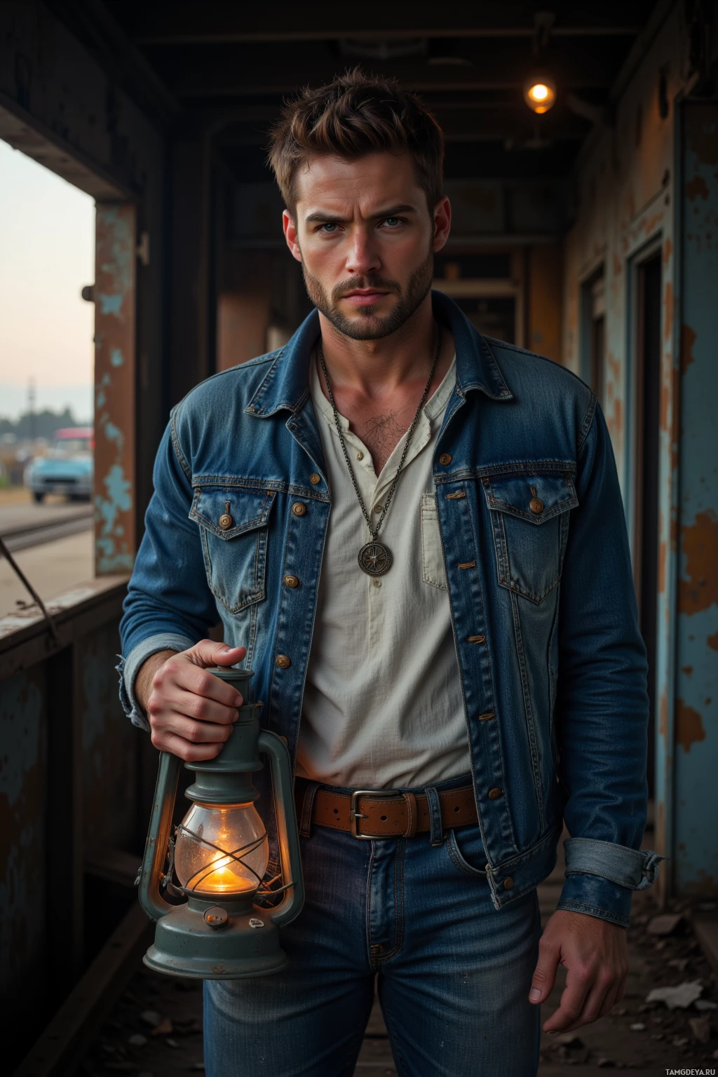 A man in a denim jacket and jeans holds a lantern, standing near a train station.