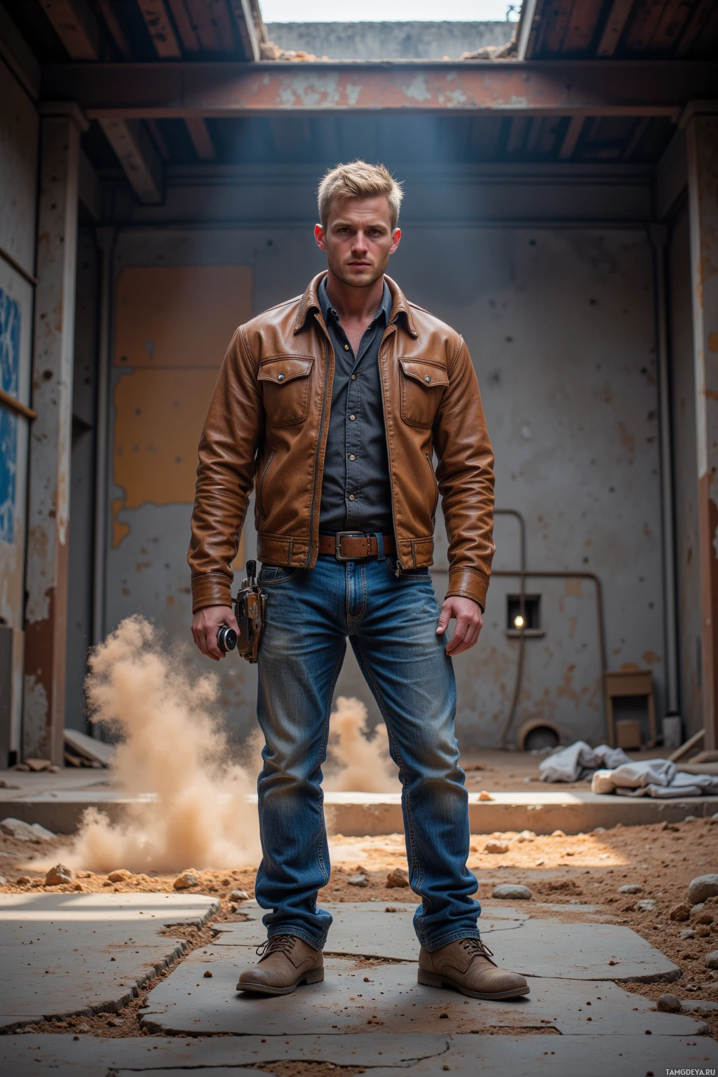 A man stands in a dilapidated room, wearing a brown leather jacket and jeans, holding a gun.