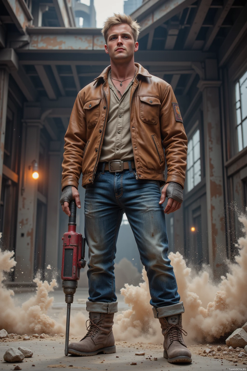 A man stands in an industrial setting, holding a jackhammer, wearing a brown leather jacket and jeans.