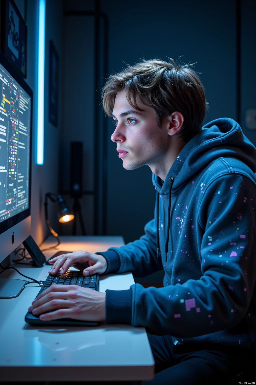 A person wearing a hoodie is sitting at a desk, working on a computer.