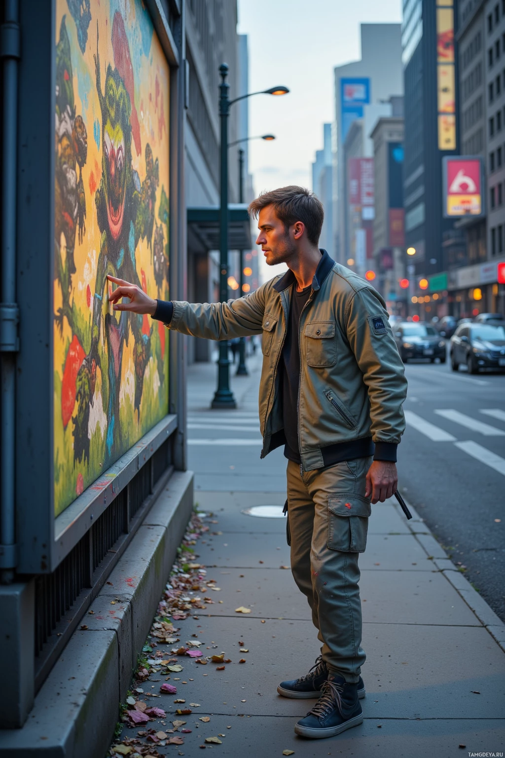 A man stands on a city sidewalk, pointing at a colorful mural on a building.