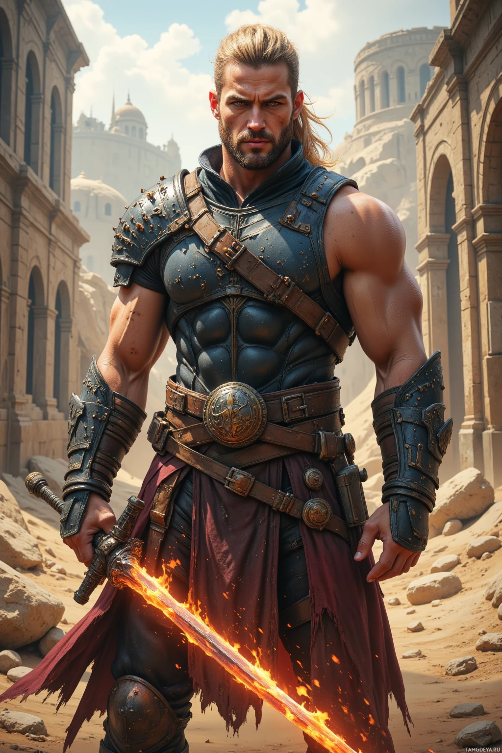 A muscular warrior in ornate armor stands in a desert, holding a flaming sword.